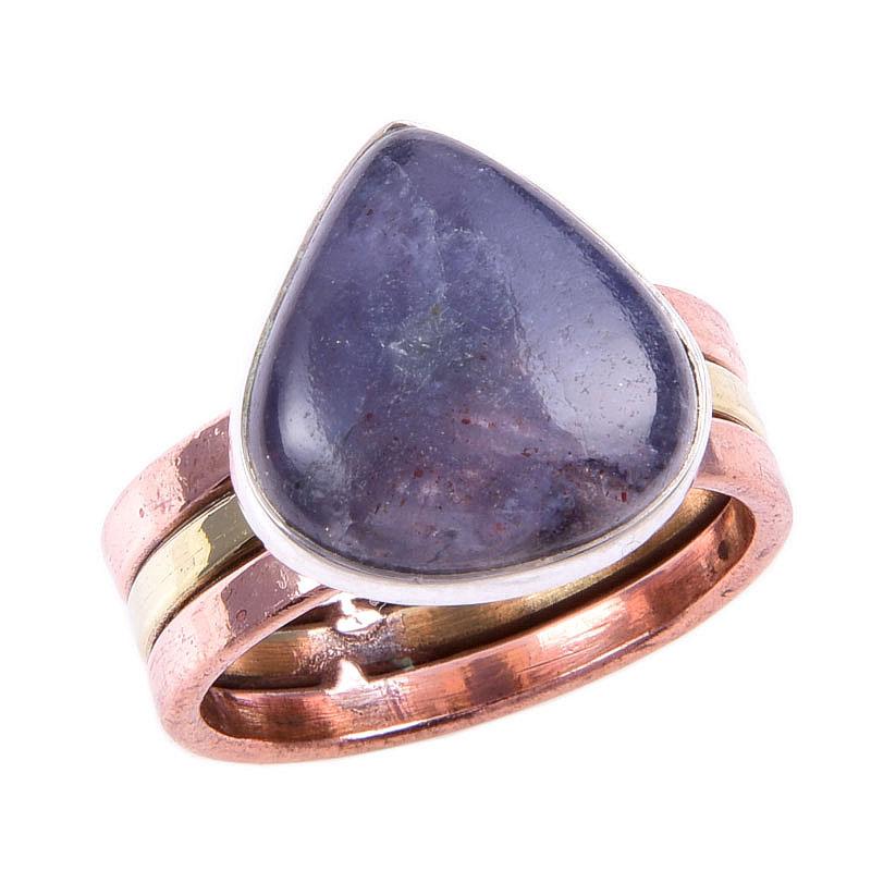 Natural Iolite Gemstone Handmade 925 Solid Silver Two Tone Ring Size 7.5US P5m77