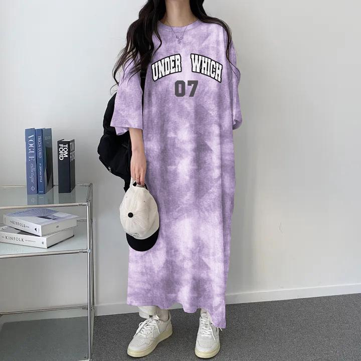 

2024 New Summer Tie-Dye Korean Loose Slimming Letter T-Shirt Dress for Women XL фиолетовый