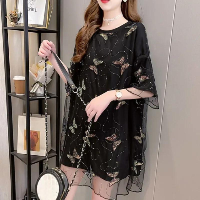 Short Sleeve Women's T-shirt Sequin Female Top One Pieces Polyester Korean Reviews Many Clothes Tee Fashion Clothing 2025 Sale