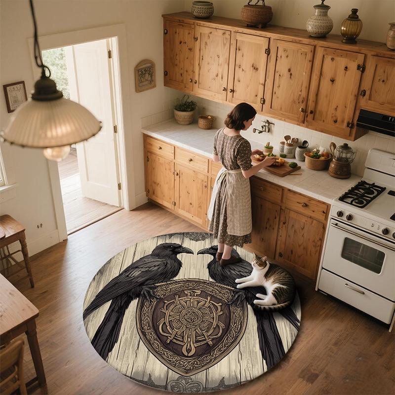 Two Crows with Runes,Round Area Rug,Carpet Rug for Living Room Bedroom Sofa Playroom Decor,Non-slip Floor Mat