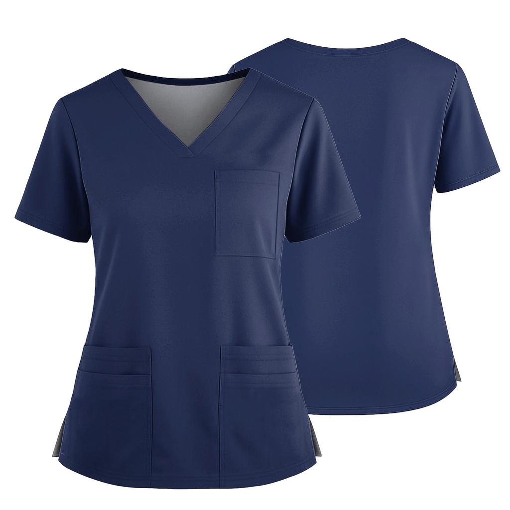 Women's Uniform Solid Color V-Neck Pocket Side Slit Uniform Short Sleeved Top Top