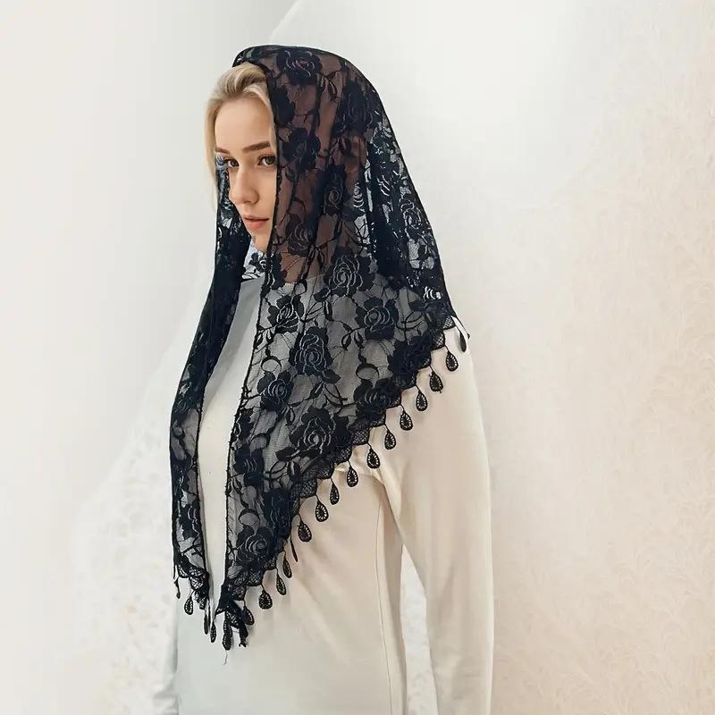 Tassel Triangle Shawl Lace Veil Scarf Bandana Church Prayer Wedding Mantilla Embroidered Headcovering Hijab Women Scarf