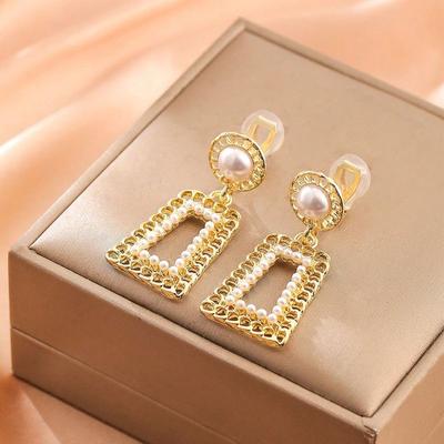 Imitation Pearl Hollow Without Piercing Ear Clip Fashion Square Pendant Earrings Women