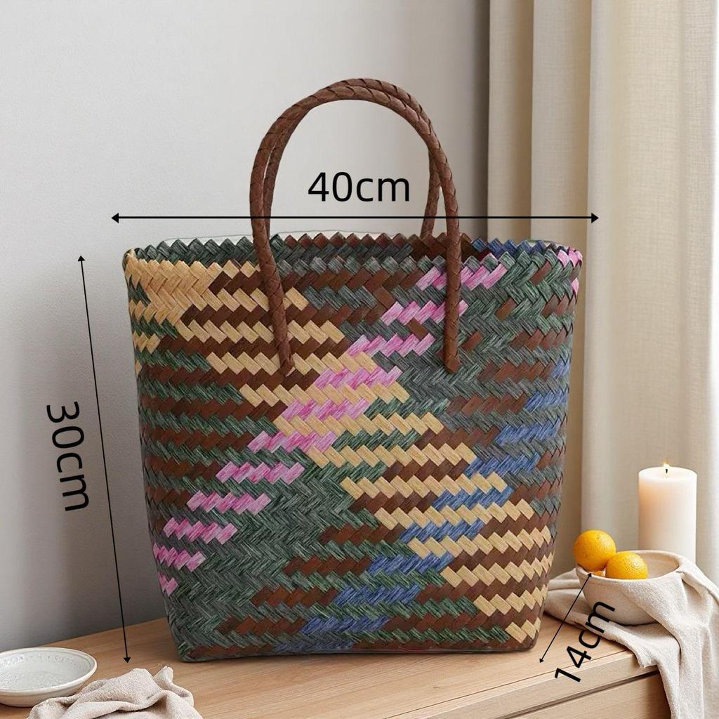 Borsa intrecciata a mano in rattan imitazione con manici in bambù - Cesto per la spesa, Souvenir, Borsa di paglia, o Tote per pendolari