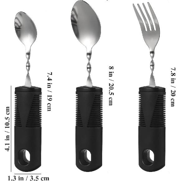 Adaptive Utensils 3pcs Curved Spoon Fork with Non- Handles Stainless Steel Eating Silverware for Hand Tremors Elderly
