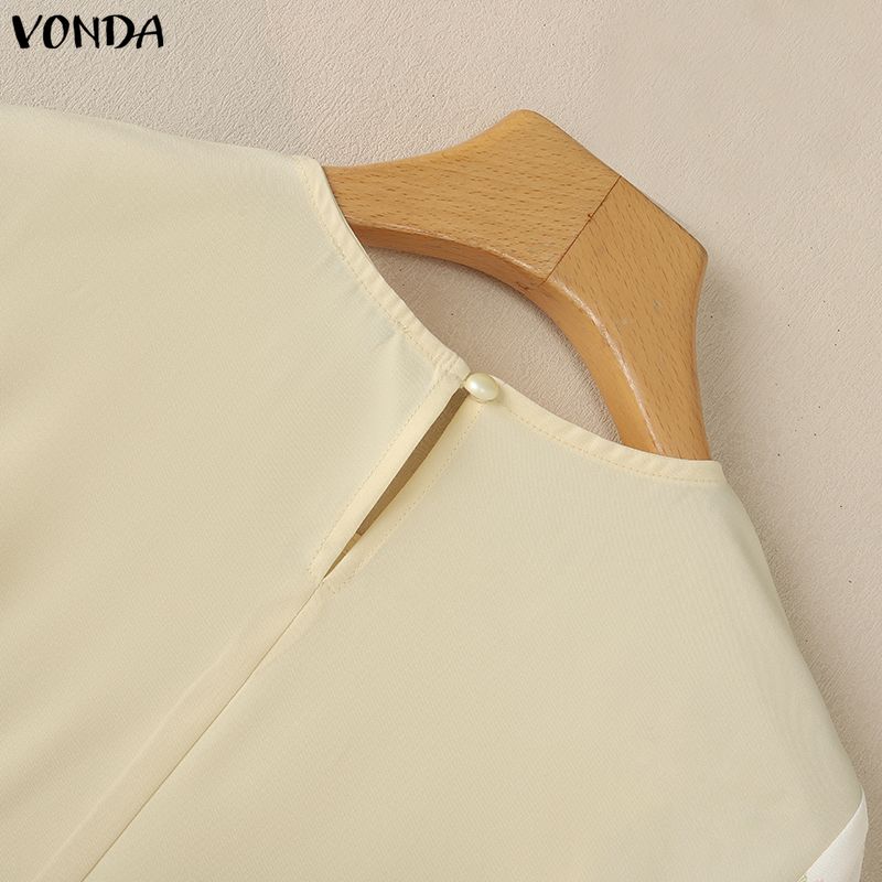 VONDA Summer Women O-Neck Print Splice 3/4 Sleeve Casual Loose Blouse
