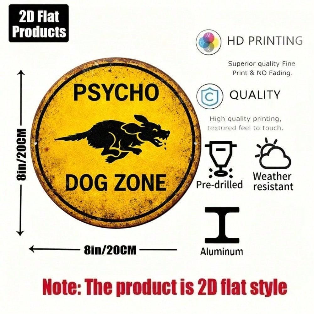 1pc Retro Psycho Dog Danger Warning Zone Tin Sign, 2D Flat Round Metal Plaque, Vintage Wall Art for Garage Bar Office