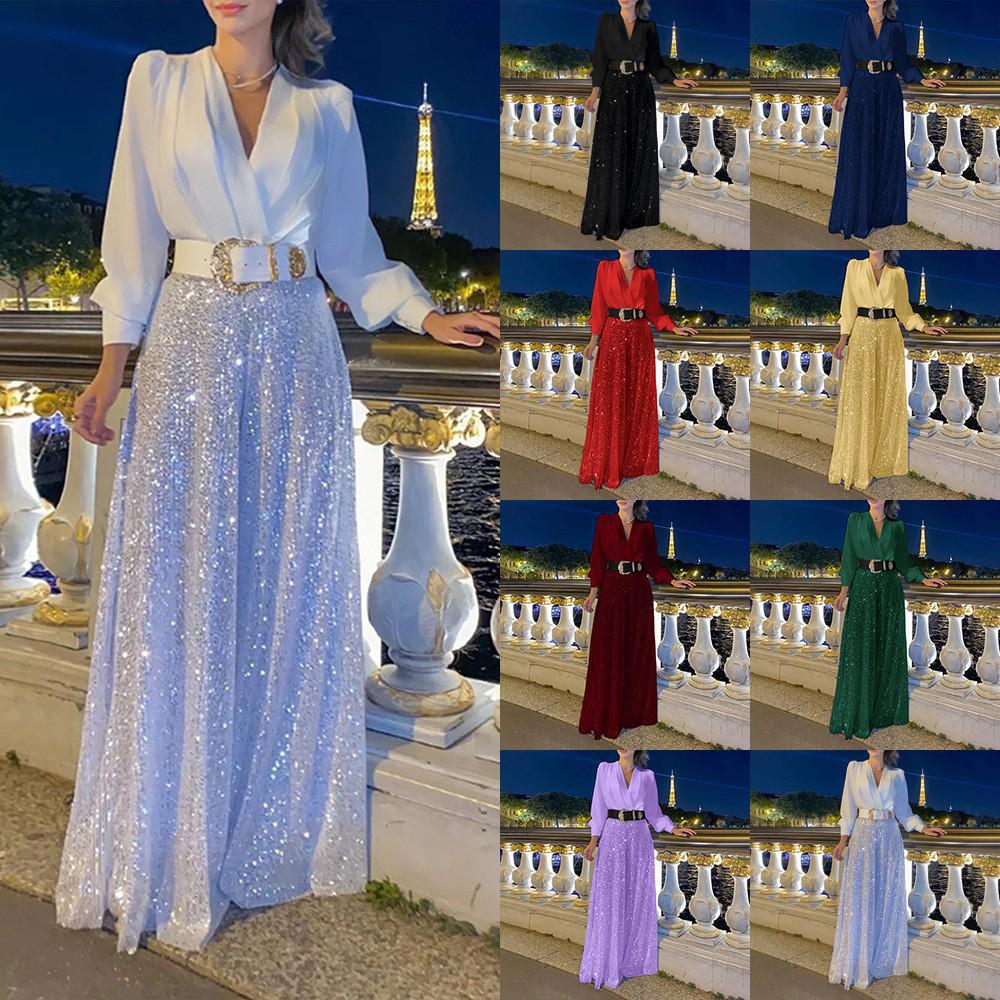 

Women s Elegant V-Neck Dress Shirt with Sequined French Wide-Leg Pants Extra Large