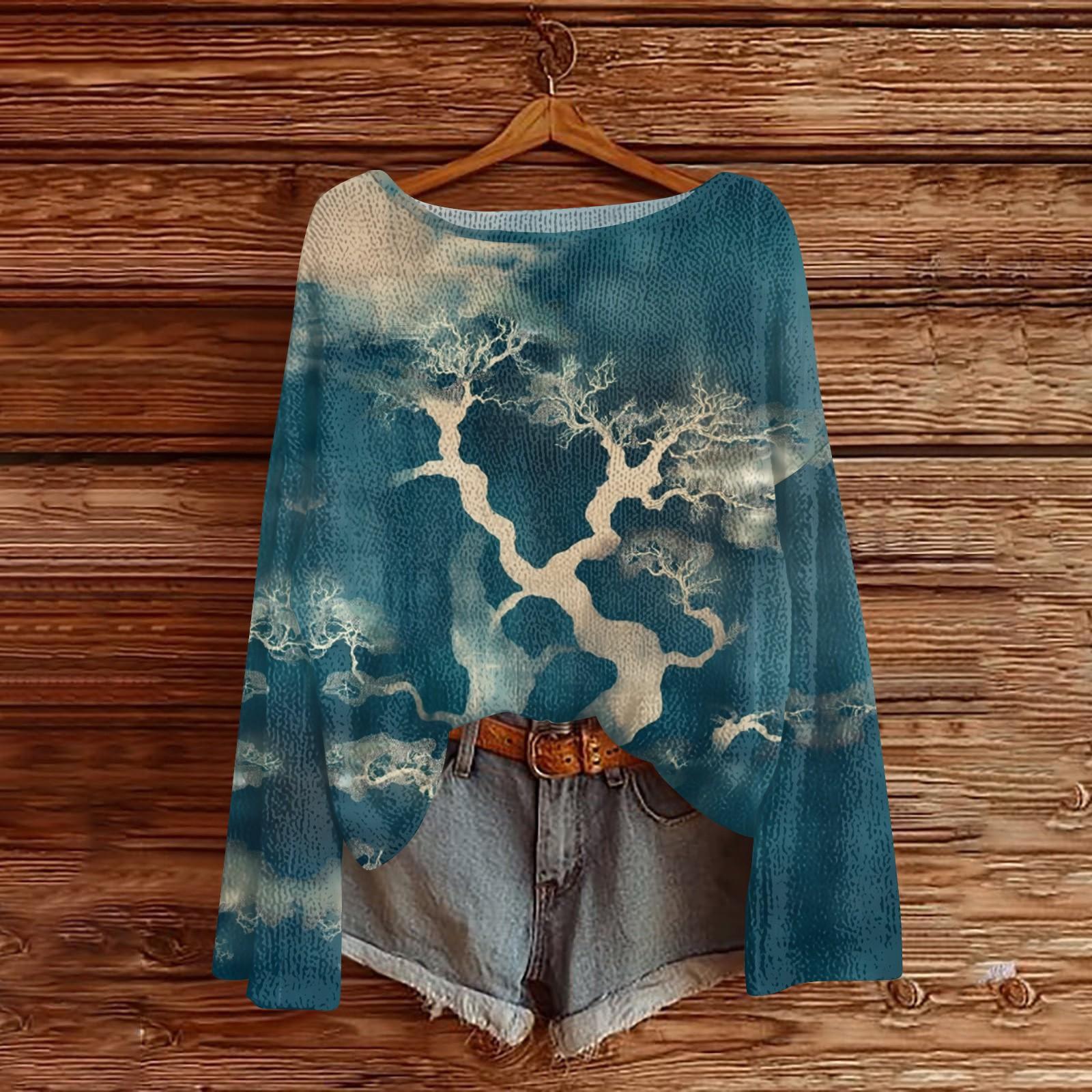 

Womens Fall Sweaters Long Sleeve Print Tops Pullover Sweaters Loose Dressy Casual Basic Clothes M циан