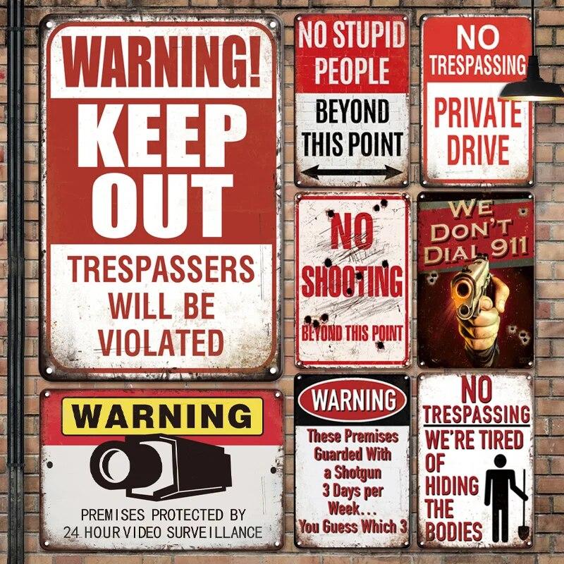 Warning Tin Sign Caution Decoraitve Plaque No Trespassing Retro Metal Vintage Plate Garden Man Cave Club Home Shop Wall Decor