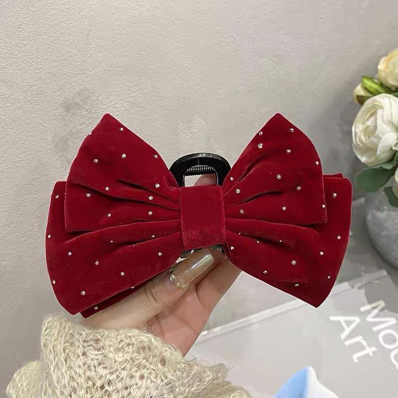Autumn and Winter Velvet Bow Hair Claw Clip Fashion Bow Knot Shark Clip Women Dot Diamond Hairpin Hair Accessories красный