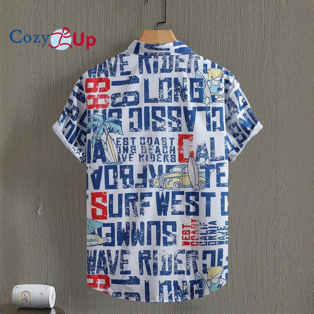 Cămașă cu mânecă scurtă pentru bărbați cu imprimeu cu palmier de cocos și litere, cămașă pentru bărbați, modă casual, cămașă de vară