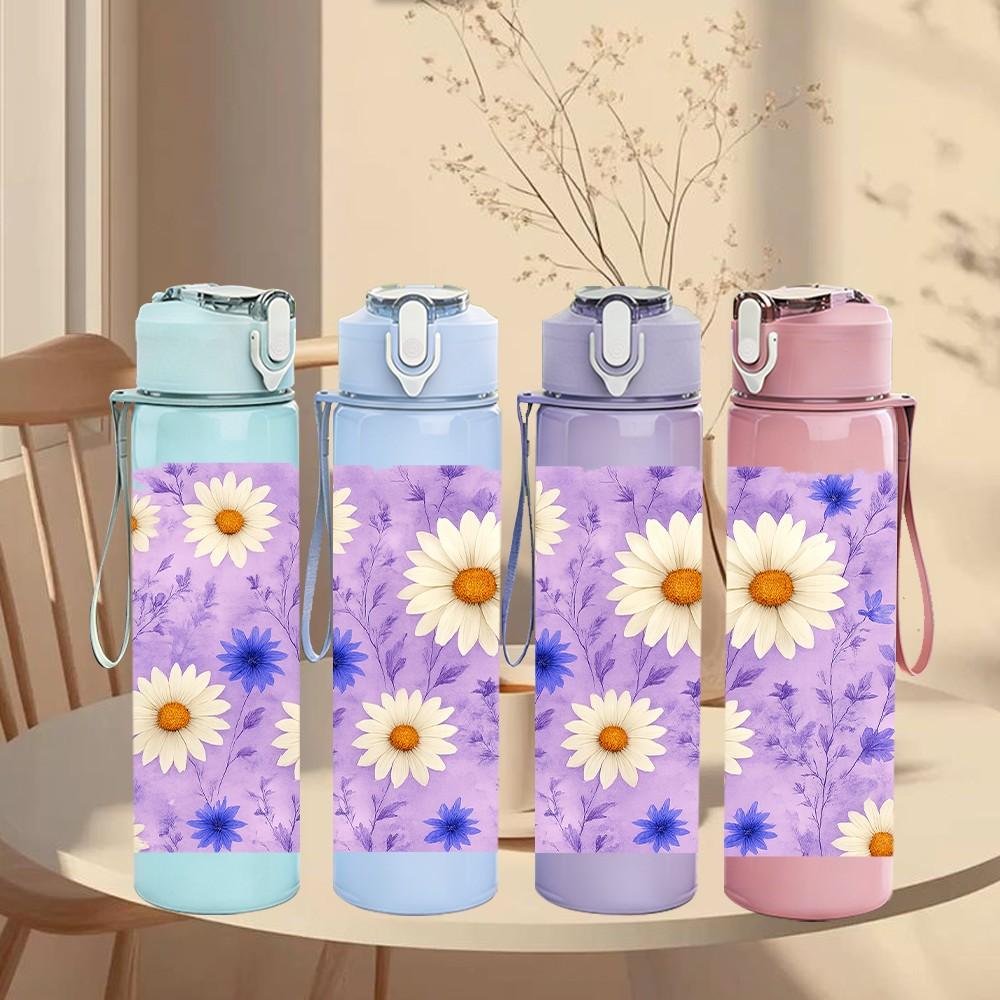 1PC Purple Daisy Floral Pattern 750ml Color Plastic Sports Water Bottle Leakproof Flip Straw Lid Suitable for Sports Office Home Use