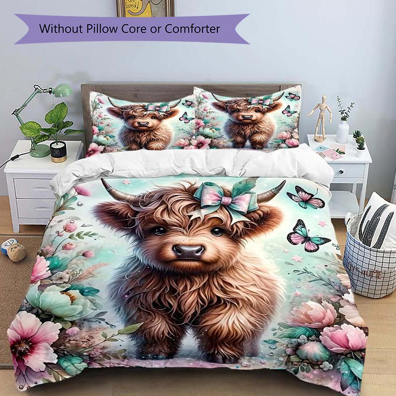 3pcs Enchanted Highland Calf Quilt Cover Set (1 Quilt Cover + 2 Pillowcases Without Pillow Core) 135x200cm