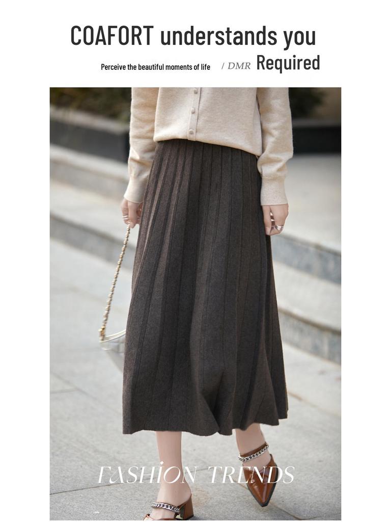 Women's Gray High-Waist Pleated A-line Skirt for Autumn/Winter - Mid-Length, Slimming, Petite Fit