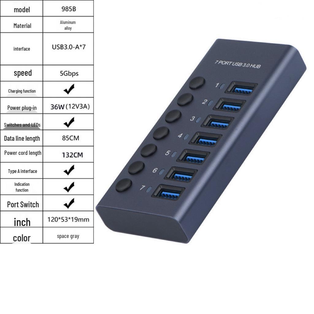 Aluminum 10-Port USB 3.0 Hub with Independent Switches and High Power Splitter