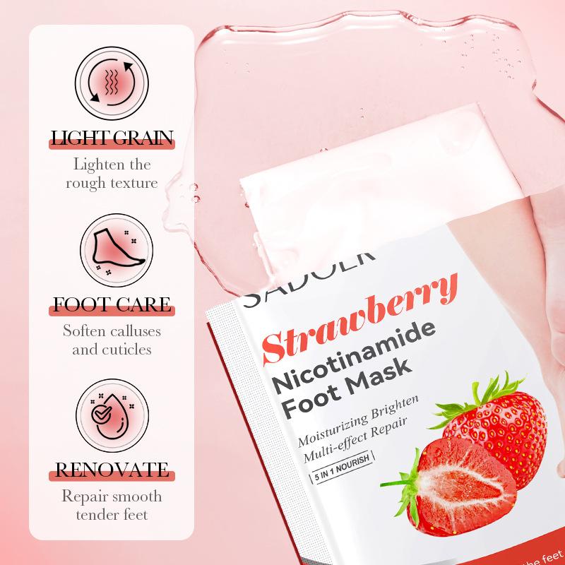 Sadoer Masque pour les pieds adoucissant et éclaircissant à la niacinamide à la fraise, traitement rajeunissant, masque pour les pieds