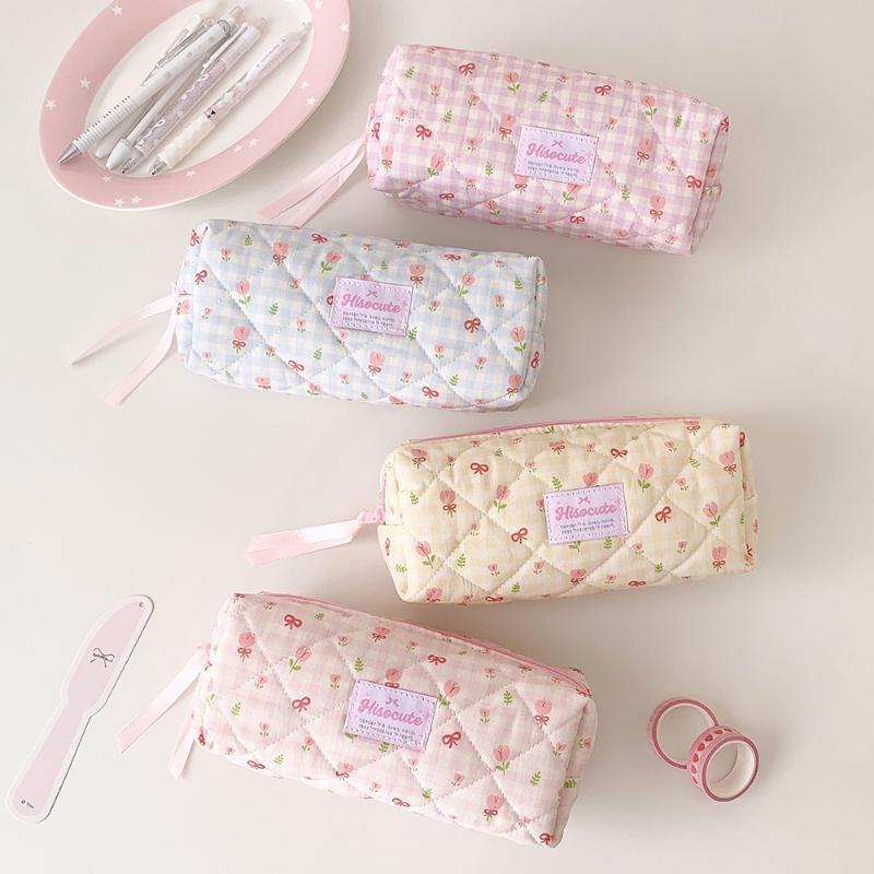Cute Floral Quilted Pencil Case Multi Functional Soft Large Capacity Organizer for School Students Office Use