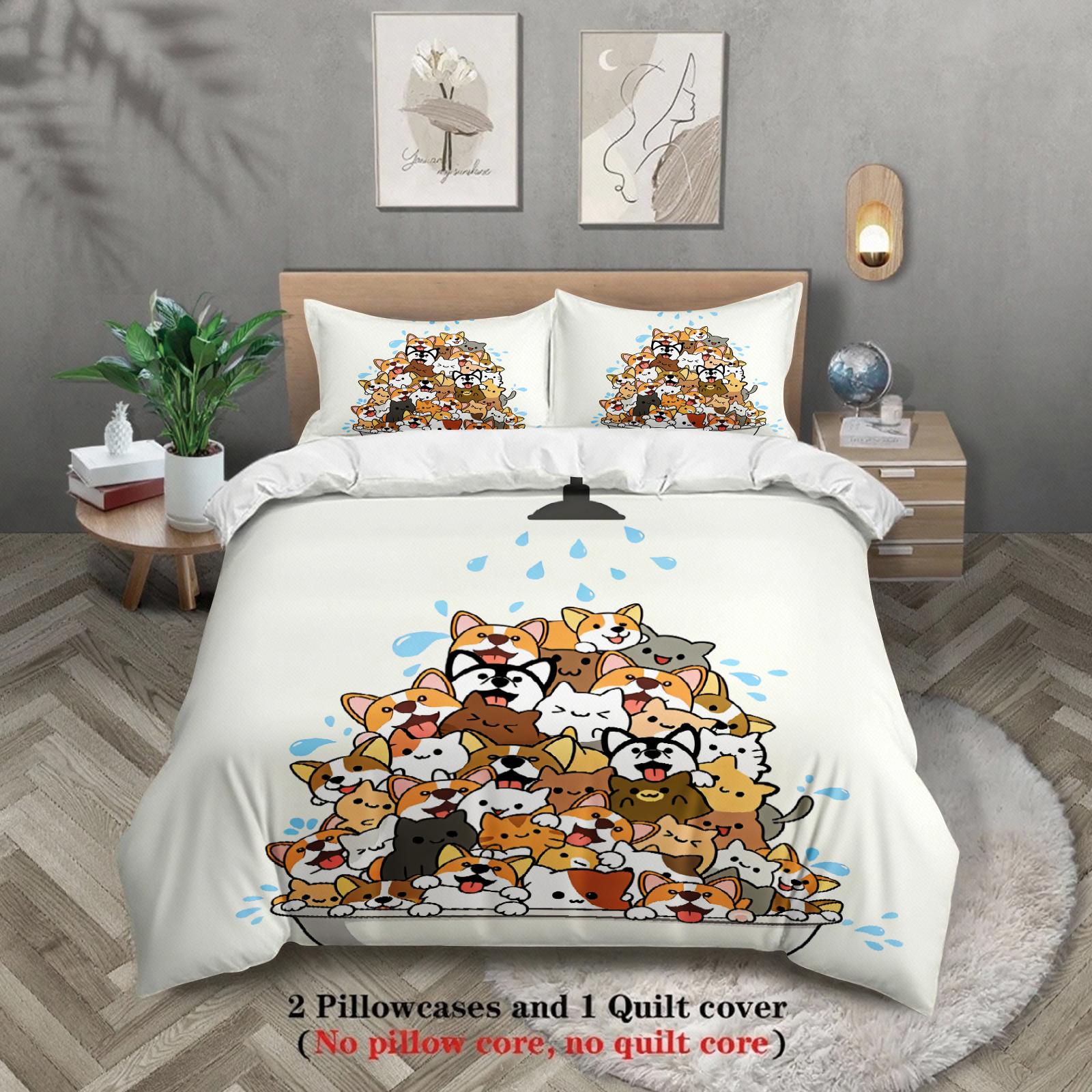 

Cute Cat And Dog Pile Bedding Set White Cartoon Animal Print Bedding With Duvet Cover & Pillowcases For Kids Room EU Twin(135x200cm)