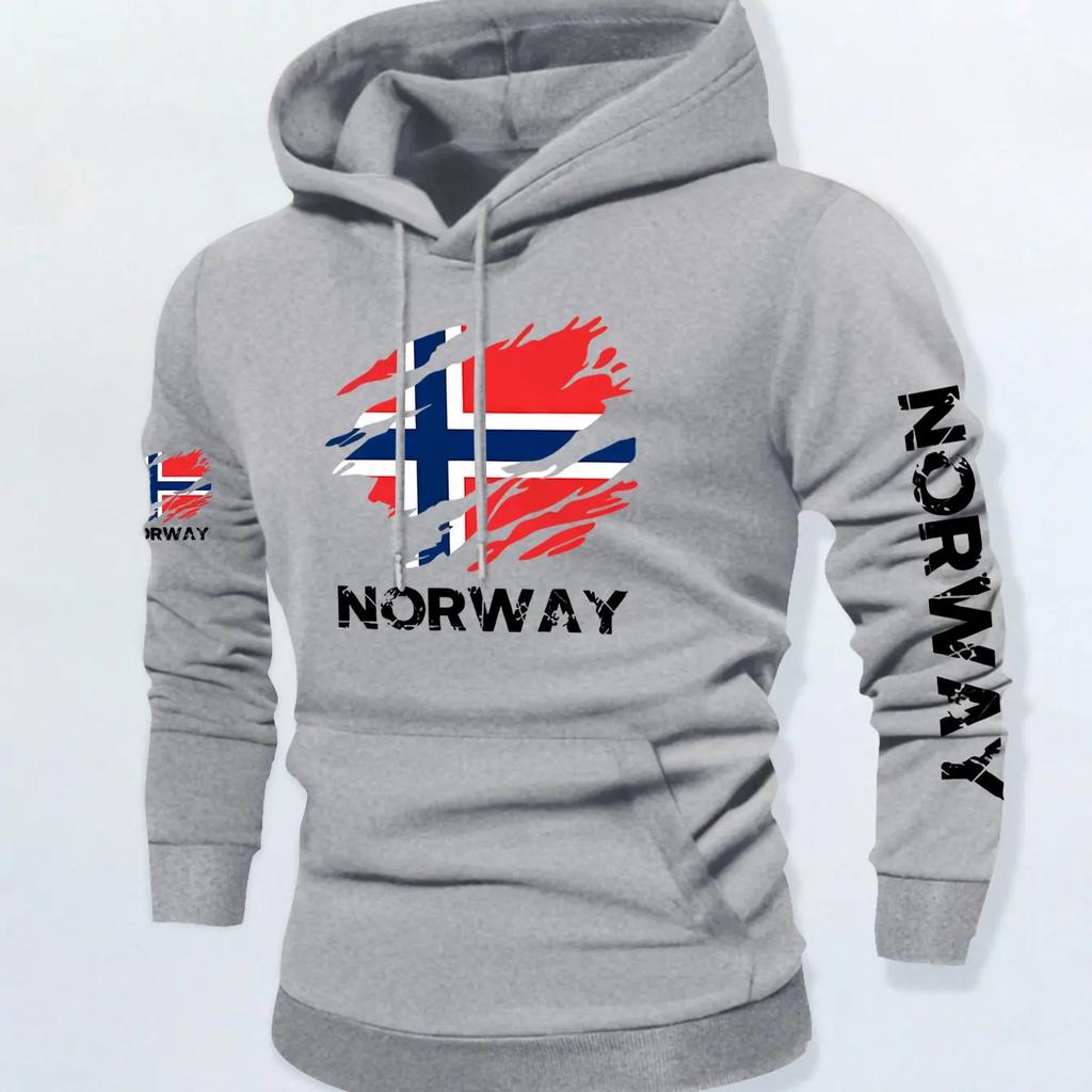 Męska bluza z kapturem w stylu vintage Street, ręcznie rysowana, postrzępiona flaga Norwegii, nadruk z literami, miękki polar, oversize, patriotyczna bluza