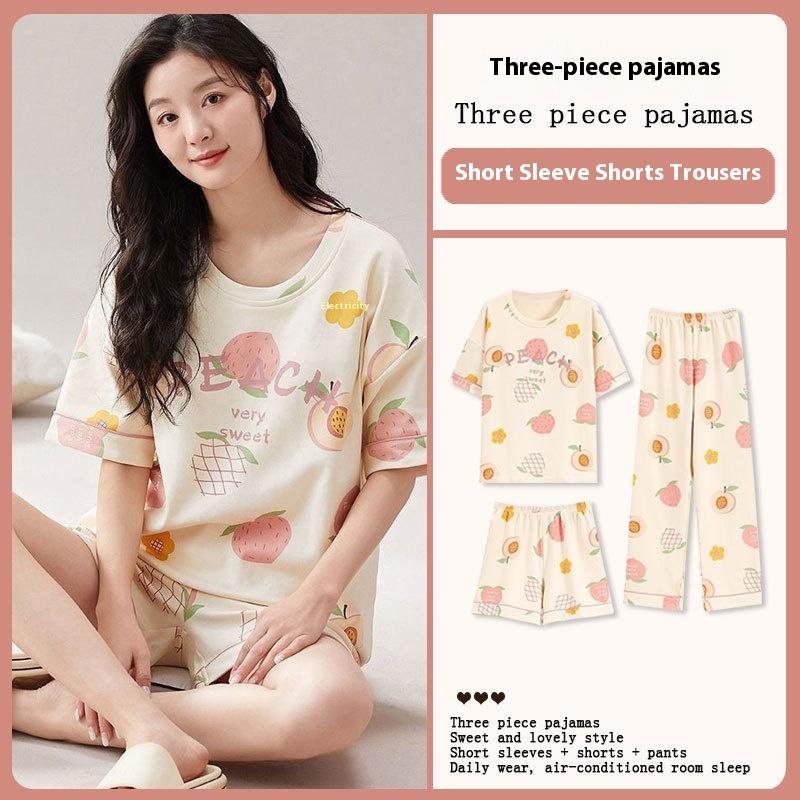 Women's Three-piece Pajamas, Women's Students Short-sleeved Recreational Sports, Spring and Summer Loose Pajamas