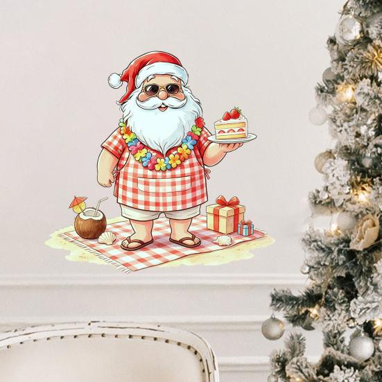 Summer Christmas Stickers Picnic Santa Claus Wall Sticker, Waterproof PVC Plaid Decal Mural Decals with Cake Design, Removable Art Decor for