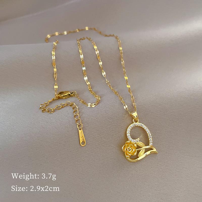 Love Rose Light Luxury Temperament Gorgeous Full Diamond Necklace Female Versatile Collarbone Chain Titanium Steel Chain