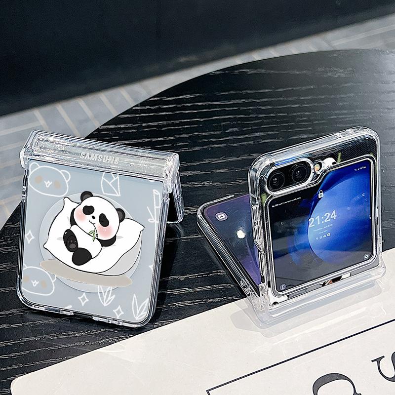 3 STÜCKE Faltbare Stoßfeste Hülle für Samsung Z Flip6 Flip5 Flip4 für Magsafe Magnetisch Cartoon Pandas Muster Transparent Hartes PC Slim Case Abdeckung