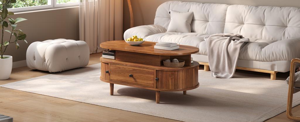 Ovaler Couchtisch mit hochklappbarer Tischplatte, MDF, Versteckter Stauraum, Zwei offene Regale, Große Schublade + Zwei Schiebetüren, Runde Griffe, Konische Gummibaumbeine