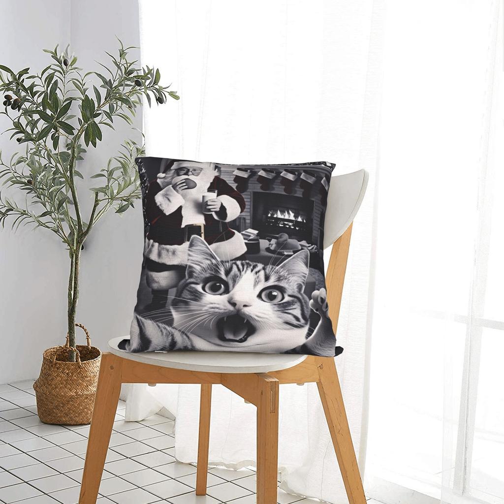 Cat Selfie with Santa Xmas Pillow Case Soft Pillow Cover Kawaii Pillowcases For Living Room Chair
