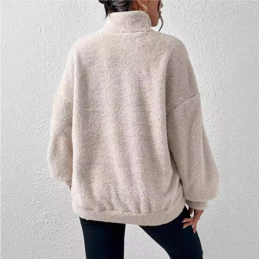 Herbst Winter Neu Europäischer und Amerikanischer Stil Pelziges Fleecegefüttertes Damen Stehkragen Sweatshirt Lässig