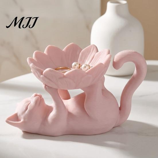 Gifts for Women Girls 3D Printed Lazy Lying Cat Lotus Jewelry Tray, Cute Figurine Desktop Organizer Tray Trinket Dish, Catchall Rings Earrings