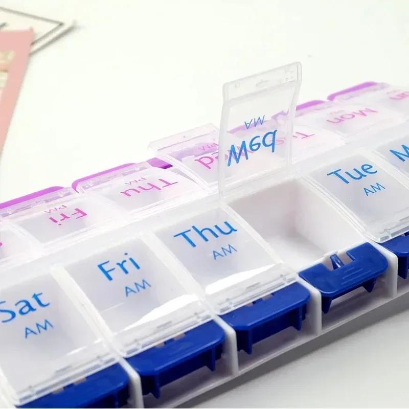 Push Button (7-Day) Pill Case, Medicine Planner, Vitamin Organizer, 2 Times a Day AM/PM, Large Compartments, Arthritis Friendly