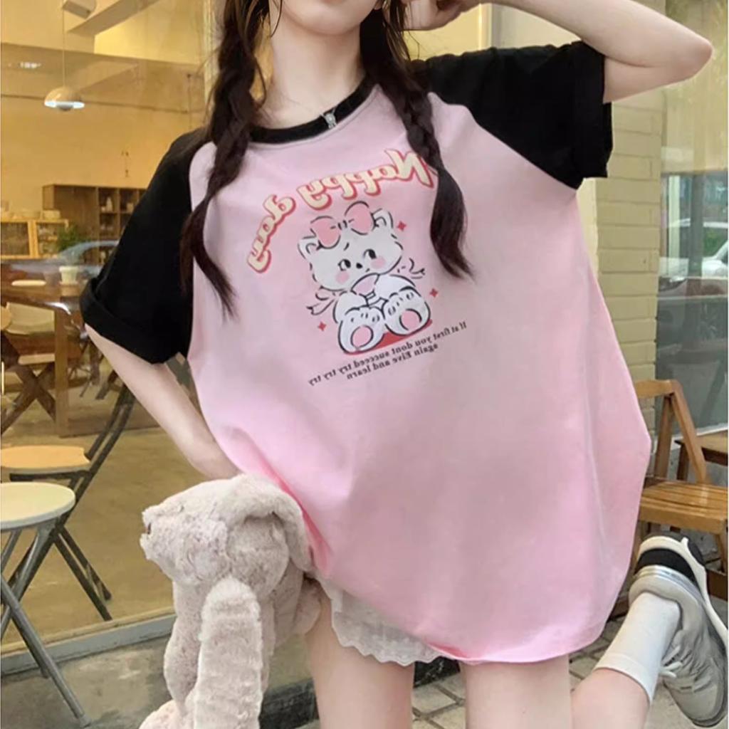summer pure cotton Women cute cartoon Print T-Shirt harajuku Round Neck oversize Casual Y2K Tops young girl Large size t shirts streetwear
