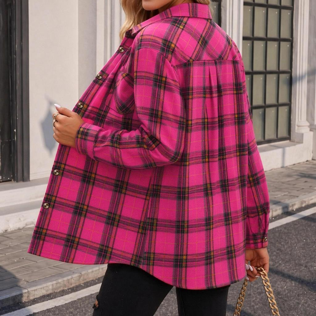 Cardigan Camicia Casual da Donna a Quadri con Maniche Lunghe e Collo a Revers