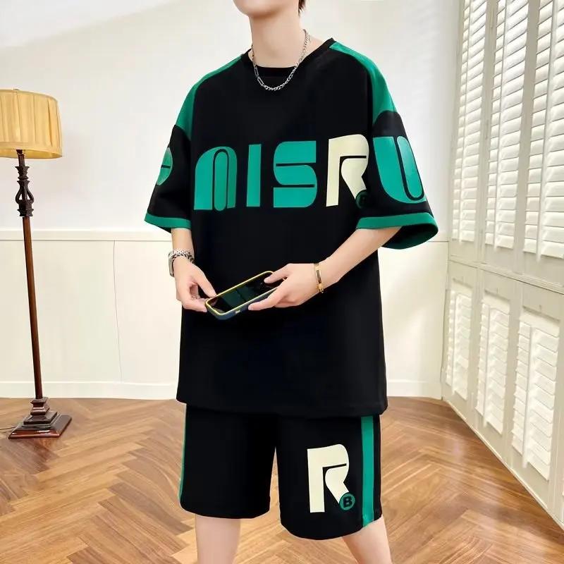Summer Men's Sets Korean Fashion 2 Piece Set Tracksuit Men Trend Men Clothing Joggers Set Print T Shirt+Shorts Men Outfit Set