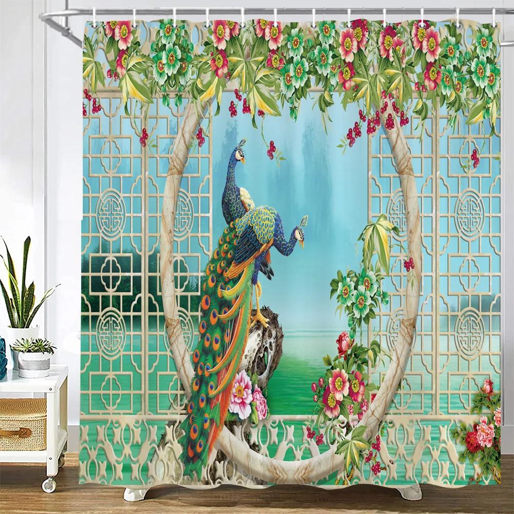 Chinese Style Flower Bird Shower Curtains Waterproof Bathroom   Curtain 3d Printed Fabric With Hooks Decoration Shower Curtain