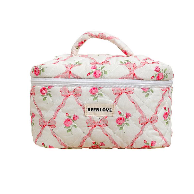 Women Bow Floral Pattern Sweet Beauty Case Fashion Polyester Portable Cosmetics Makeup Bag Skincare Lipstick Toilet Bag