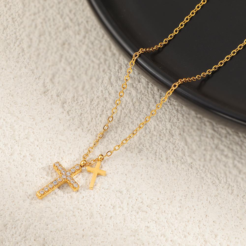 Double Cross Pendant Necklace, Cubic Zirconia Layered Chain for Women