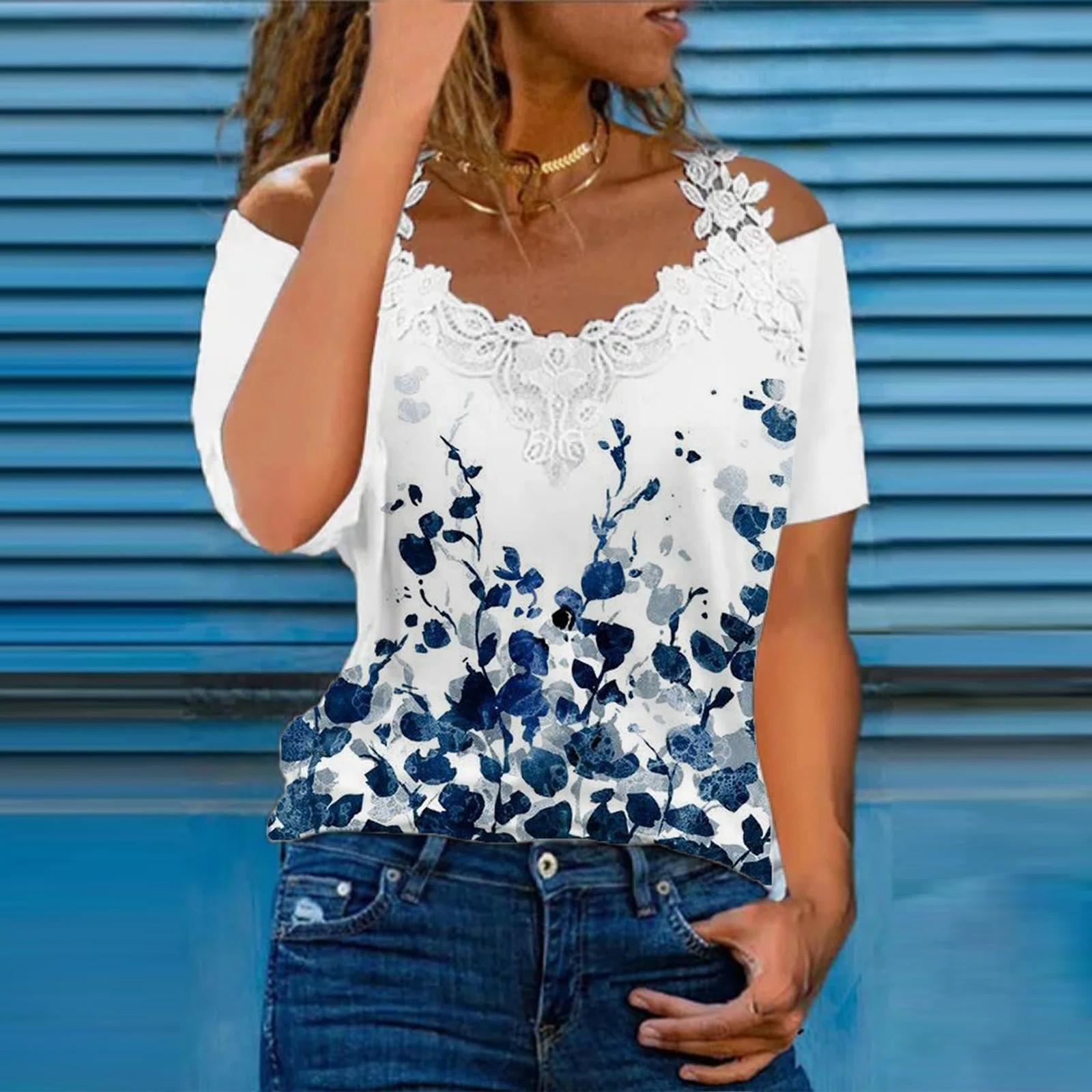 

Модная женская футболка с v-образным вырезом и кружевным ремнем, повседневные свободные топы с короткими рукавами и принтом XL