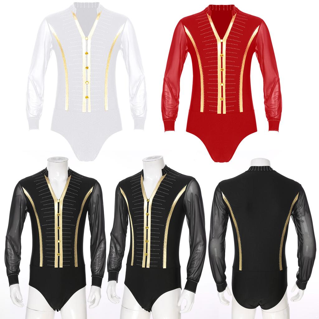 Pánské třpytivé taneční košile s kamínky Unitard taneční oblečení moderní latina s dlouhým rukávem