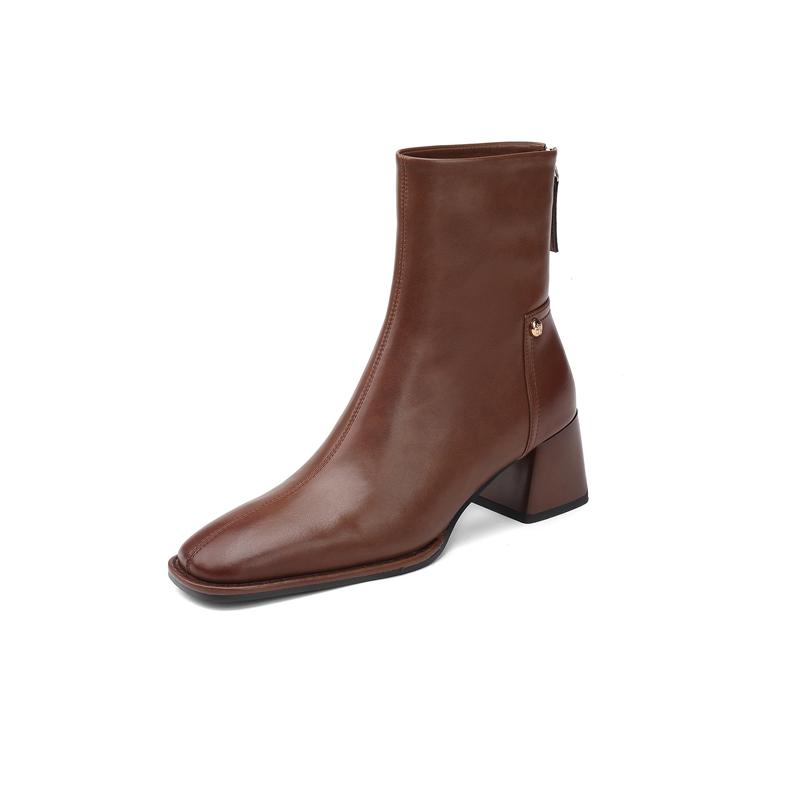 Fashion Women's new autumn square toe genuine leather cowhide calf metal rivet zipper high heel plus small size Chelsea short boots