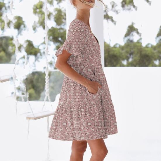 Women Summer Floral Midi Dress Casual V-Neck Ruffle Short Sleeve Flowy Dress Boho Beach
