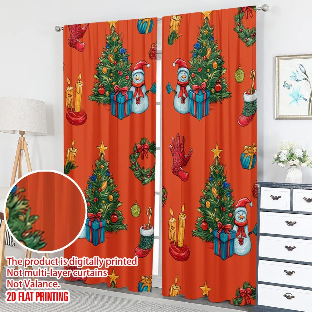 Set Of 2 Flat Printing Christmas Hot Party Curtains Snowman Tree Ornaments Digital Printed Polyester Drapes Festive Curtain