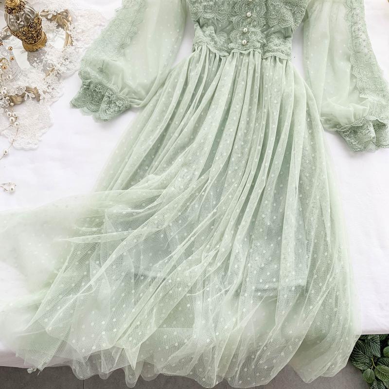 Spring Autumn  New Long Dresses Chic Sweet Temperament Women's  Net Yarn Dress