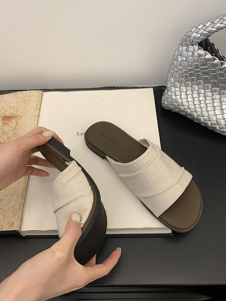 

Fashion Bangkok Slippers~vacation Style Beach Linen Pleated Flats Sandals Women s Slippers Outwear Clip Toe Slippers Zapatos De Mujer 40 бежевый