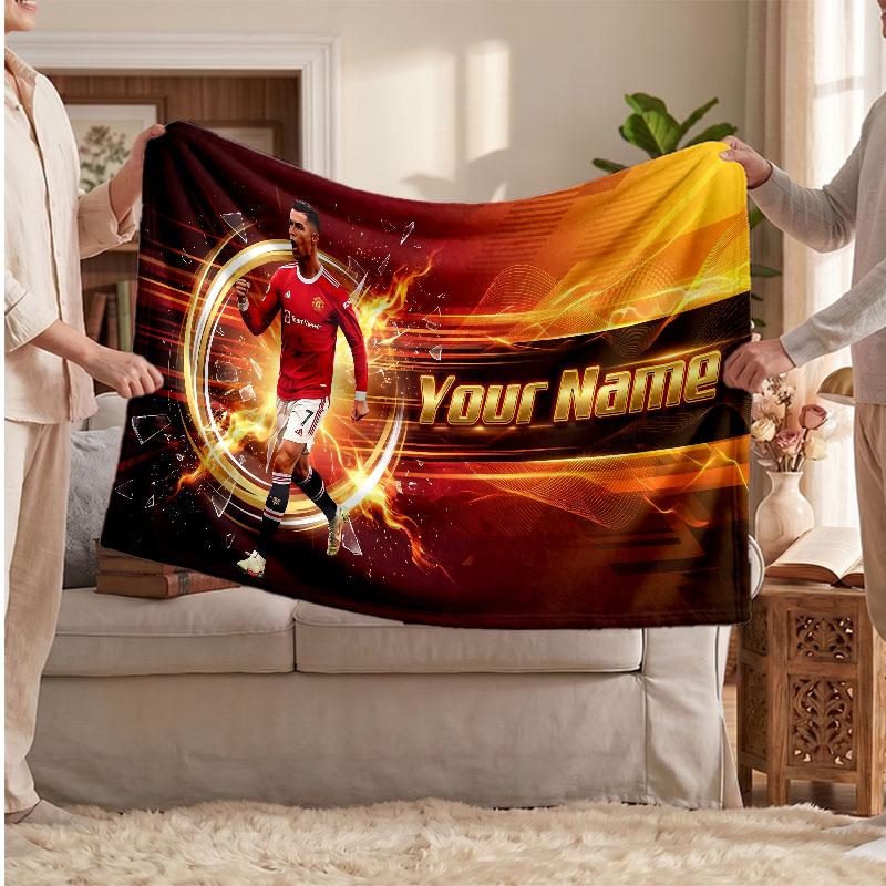 Cristiano Ronaldo Personalized Fleece Blanket With Football Logo, Custom Name Text Soft Warm Home Throw Blanket