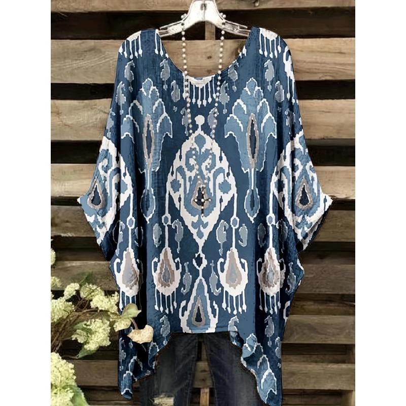 Women T-Shirts Bohemian Vacation Simple Pattern Print Tops Irregular Hemp Round Neck Fashion Versatile Short Sleeve Y2k Clothes