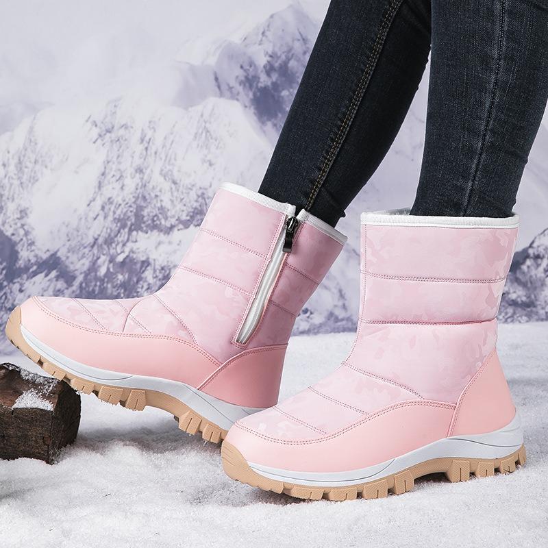 Botas de caminhada de inverno para mulheres, calçados com plataforma, pele, botas de neve quentes, à prova d'água, sem cadarço, botas femininas