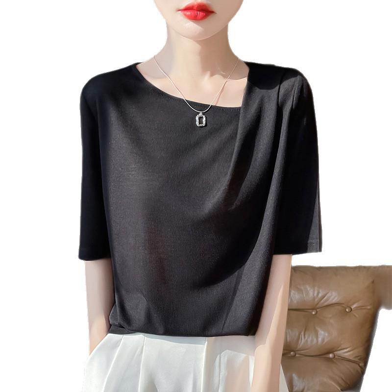 Women's Soft Tencel Round Neck Pullover: Short Sleeve, Pleated Top